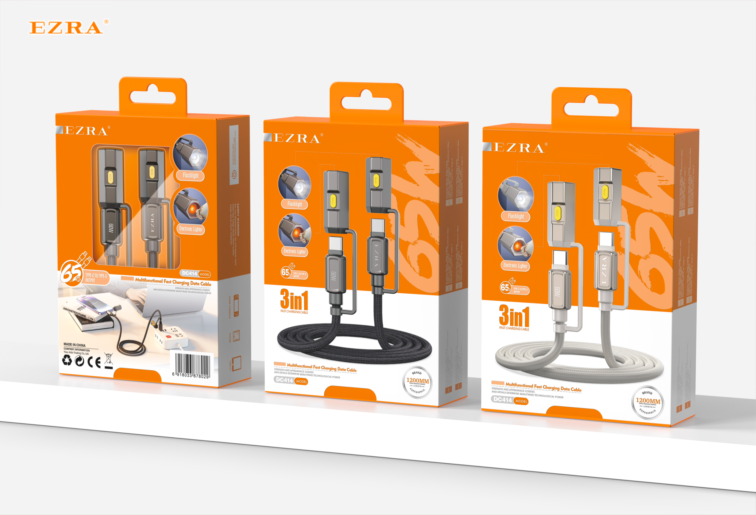 DC414 3-in-1 Fast Charging Cable with Lighter and Flashlight TPC-TPC 65W 1.2M
